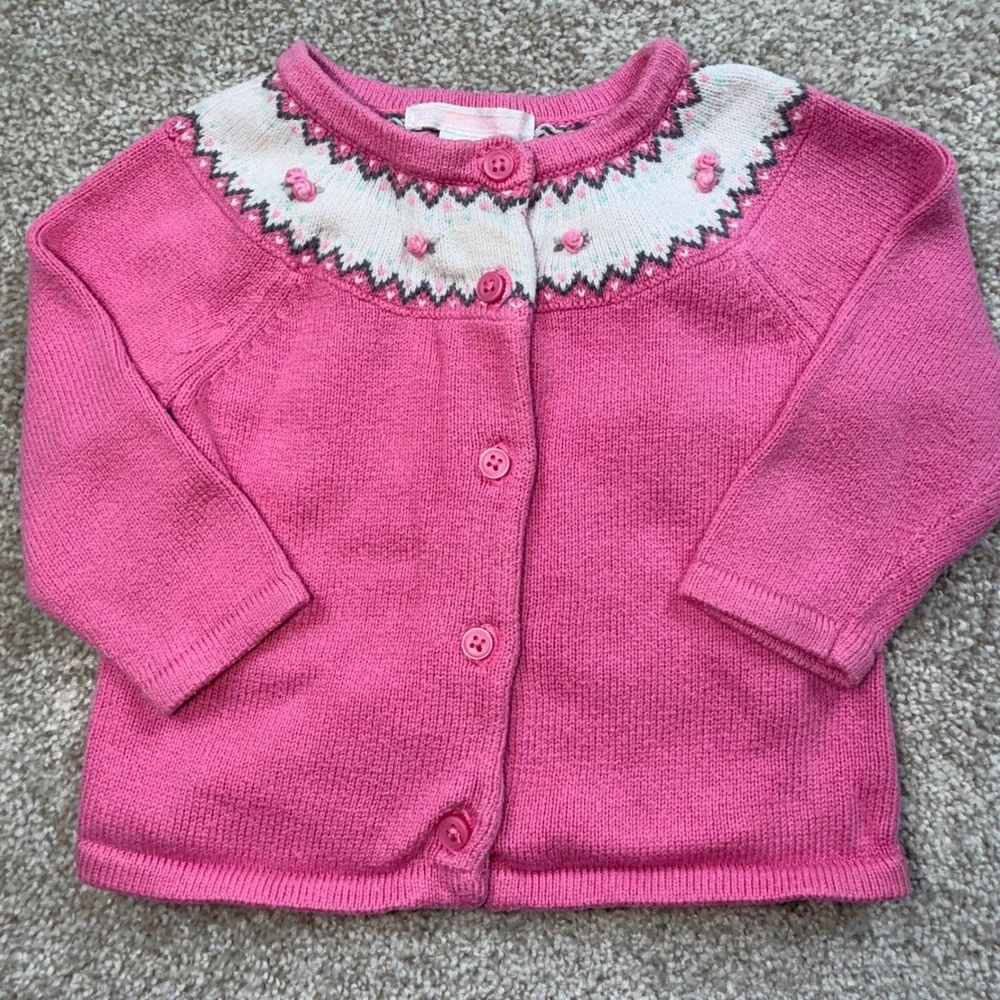 Janie and Jack Girls Pink Fair Isle Rosebud Knit Cardigan Sweater 6-12 Months